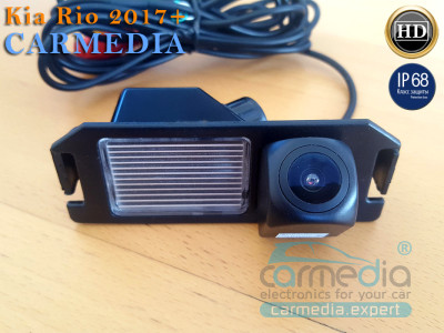 Kia Rio (с 2017 г.в. по настоящее время) CarMedia CM-7249K CCD-sensor Night Vision (ночная съёмка) с линиями разметки (Линза-Стекло широкоугольная) Цветная штатная камера заднего вместо плафона подсветки номера