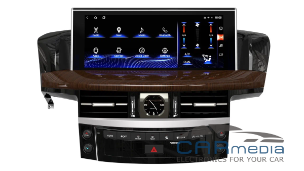 Lexus LX570 (с 2007гв. по 2015г.в.) (для топовых комплектаций с заводской камерой и круговым обзором) CARMEDIA ZH-L1209WX-wood-ver.8-128 (TS10 8x2,3 Ghz, 8Gb Ram, 128Gb ROM, IPS LCD, Wi-Fi, Bluetooth,  external microphone, 4G встроен, DSP) Штатное головно